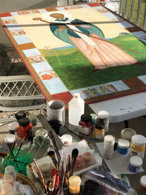 Saint Patrick Icon in progress painted by Christine Hales Iconographer